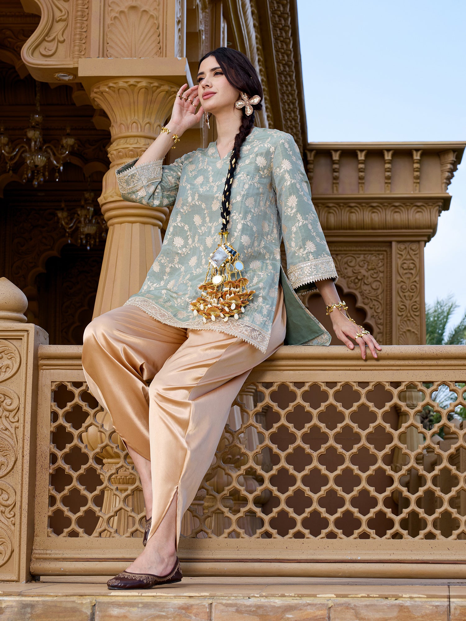 Women Sage Green Floral Brocade Straight Kurta with Salwar Set