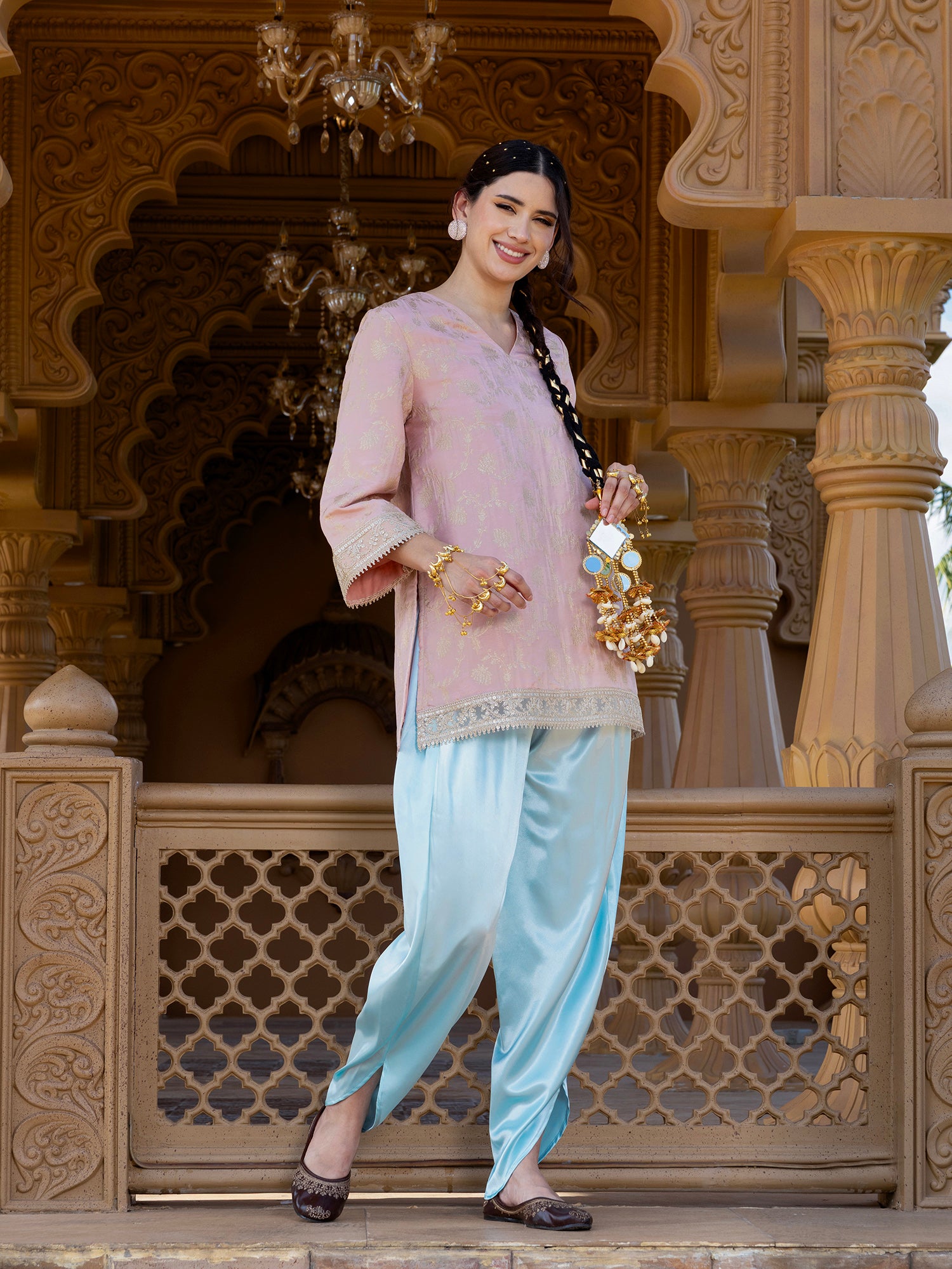 Women Pink Brocade Straight Kurta with Satin Dhoti Salwar Set