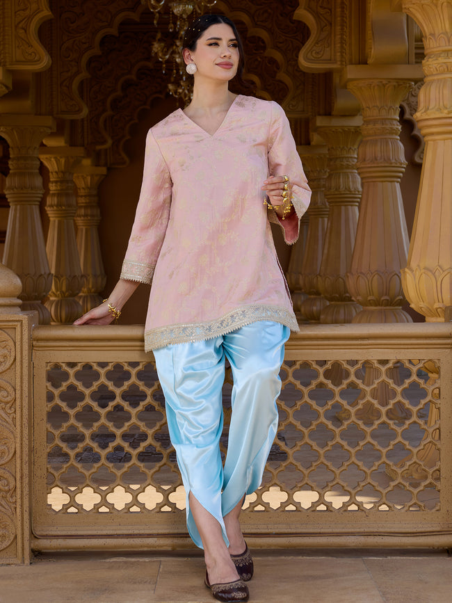 Women Pink Brocade Straight Kurta with Satin Dhoti Salwar Set
