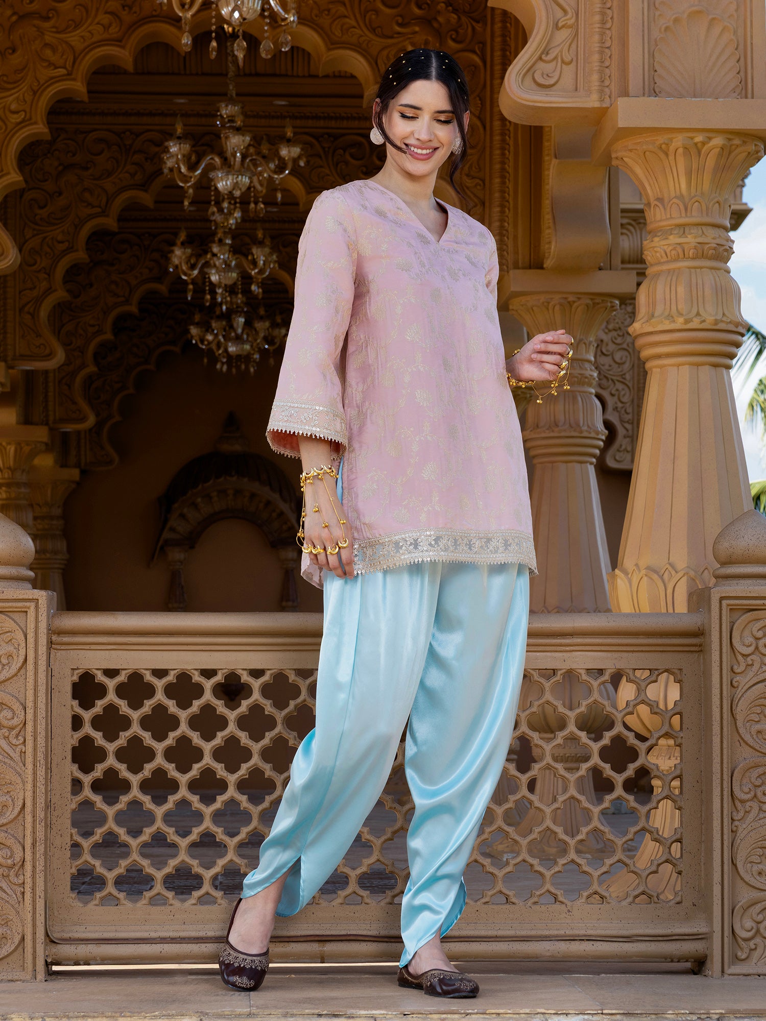 Women Pink Brocade Straight Kurta with Satin Dhoti Salwar Set