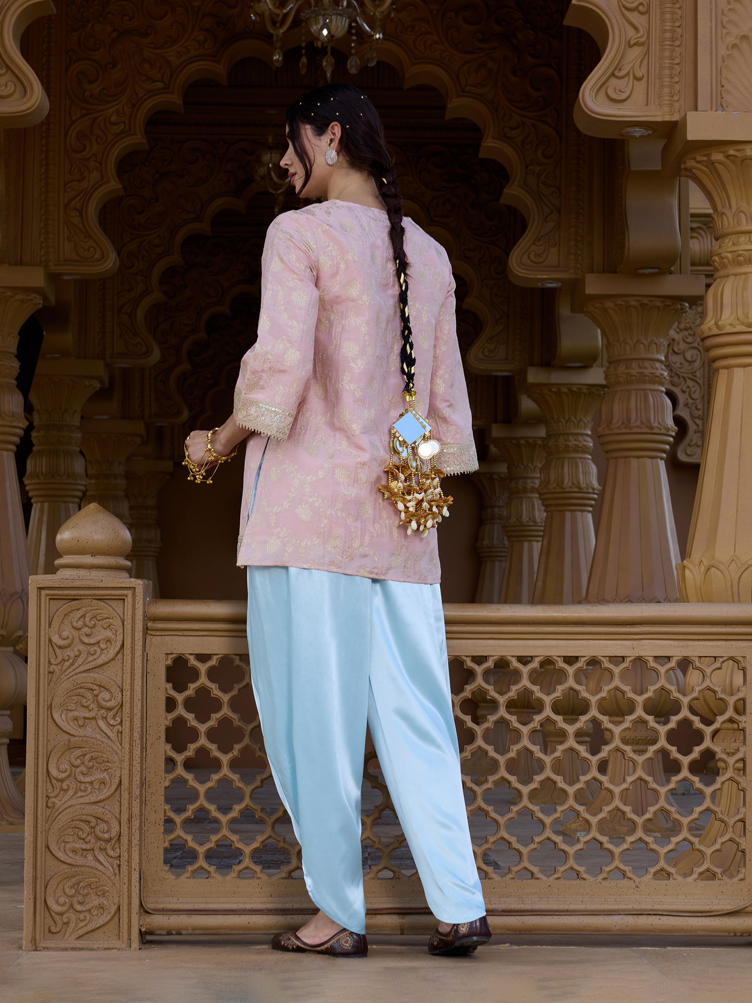 Women Pink Brocade Straight Kurta with Satin Dhoti Salwar Set