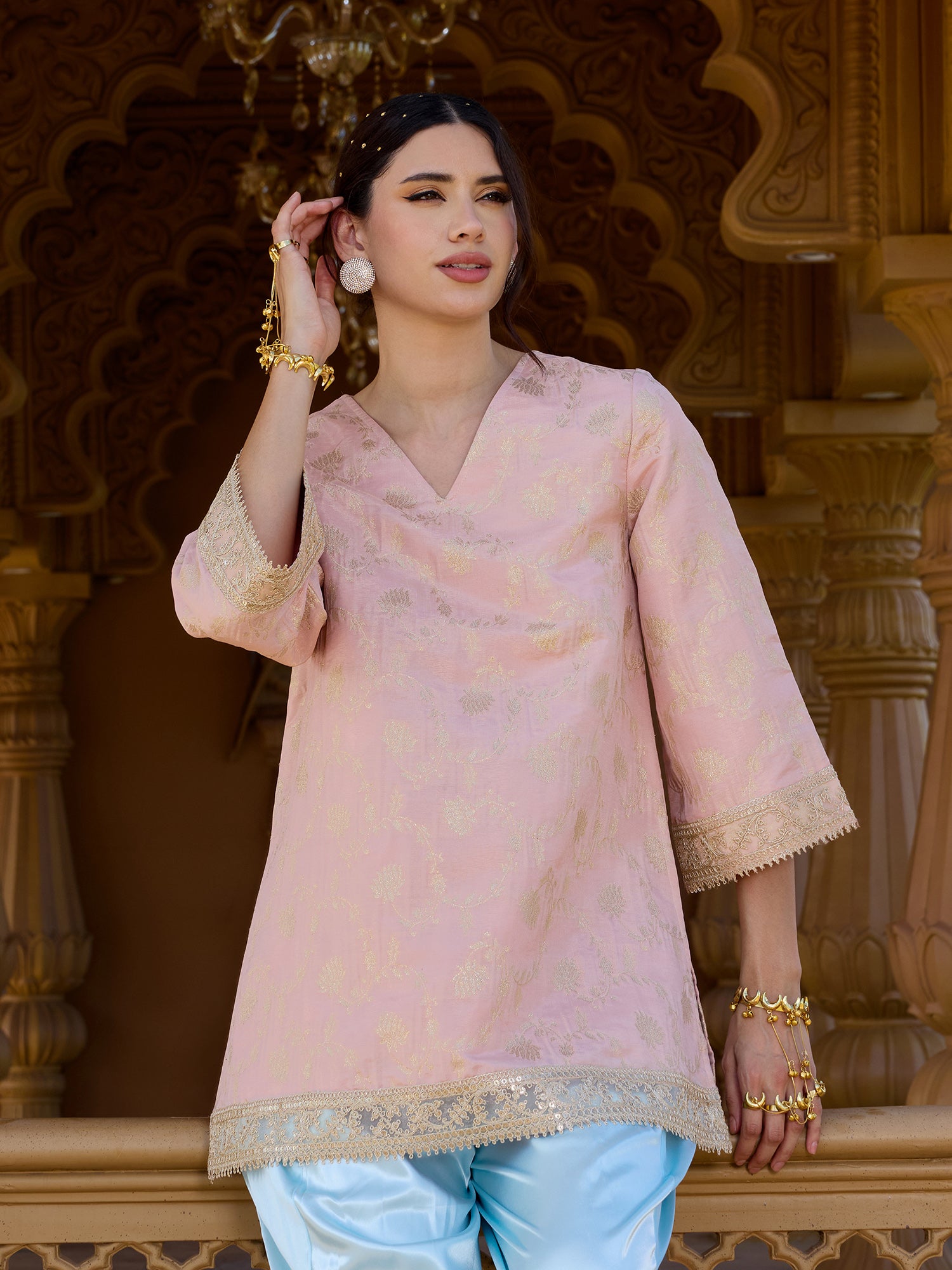 Women Pink Brocade Straight Kurta with Satin Dhoti Salwar Set