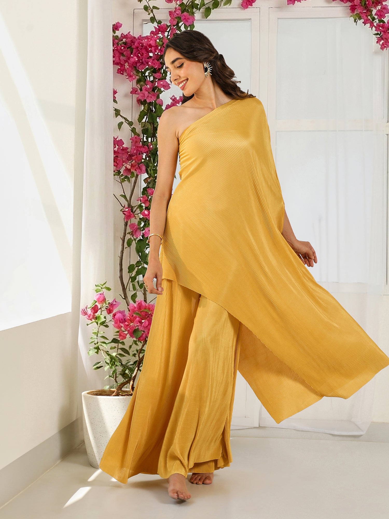 Women Mustard Yellow Pleated One-Shoulder Tunic & Palazzo Co-ord Set