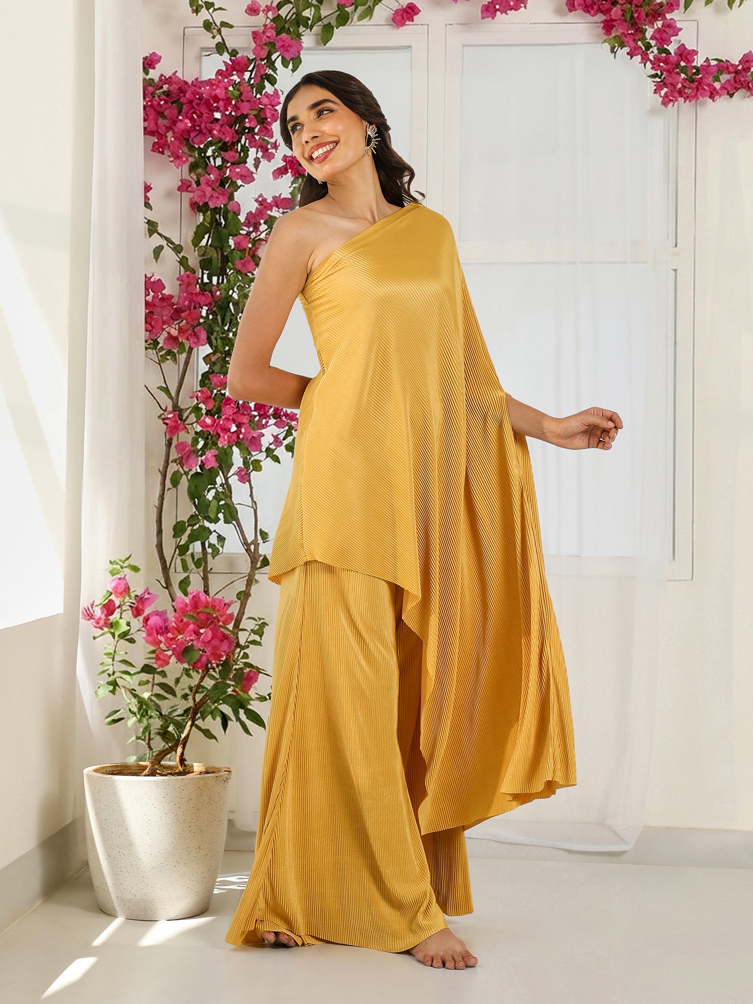 Women Mustard Yellow Pleated One-Shoulder Tunic & Palazzo Co-ord Set