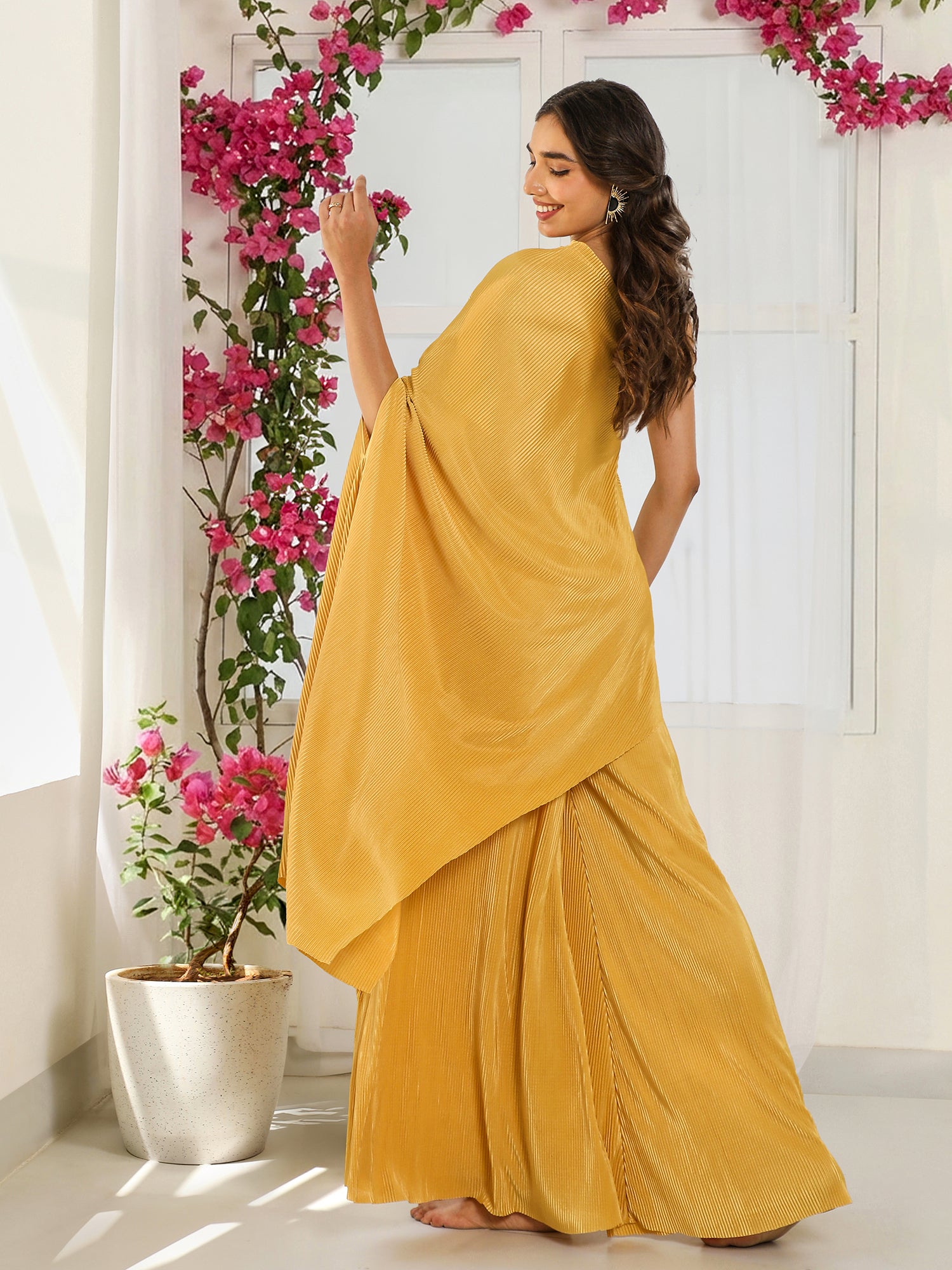 Women Mustard Yellow Pleated One-Shoulder Tunic & Palazzo Co-ord Set