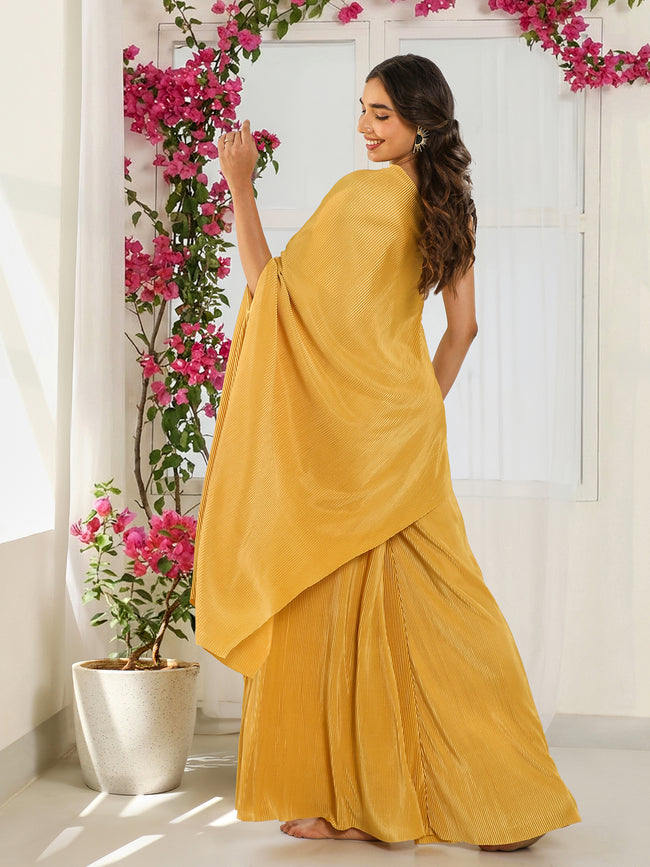 Women Mustard Yellow Pleated One-Shoulder Tunic & Palazzo Co-ord Set