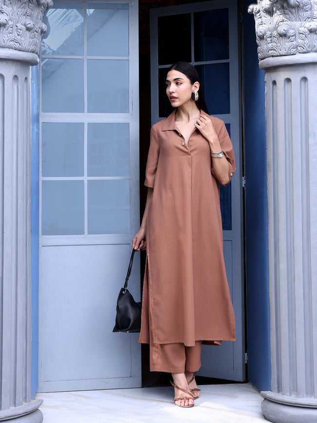 Women Brown Solid Polyblend Straight Kurta with Trouser Set