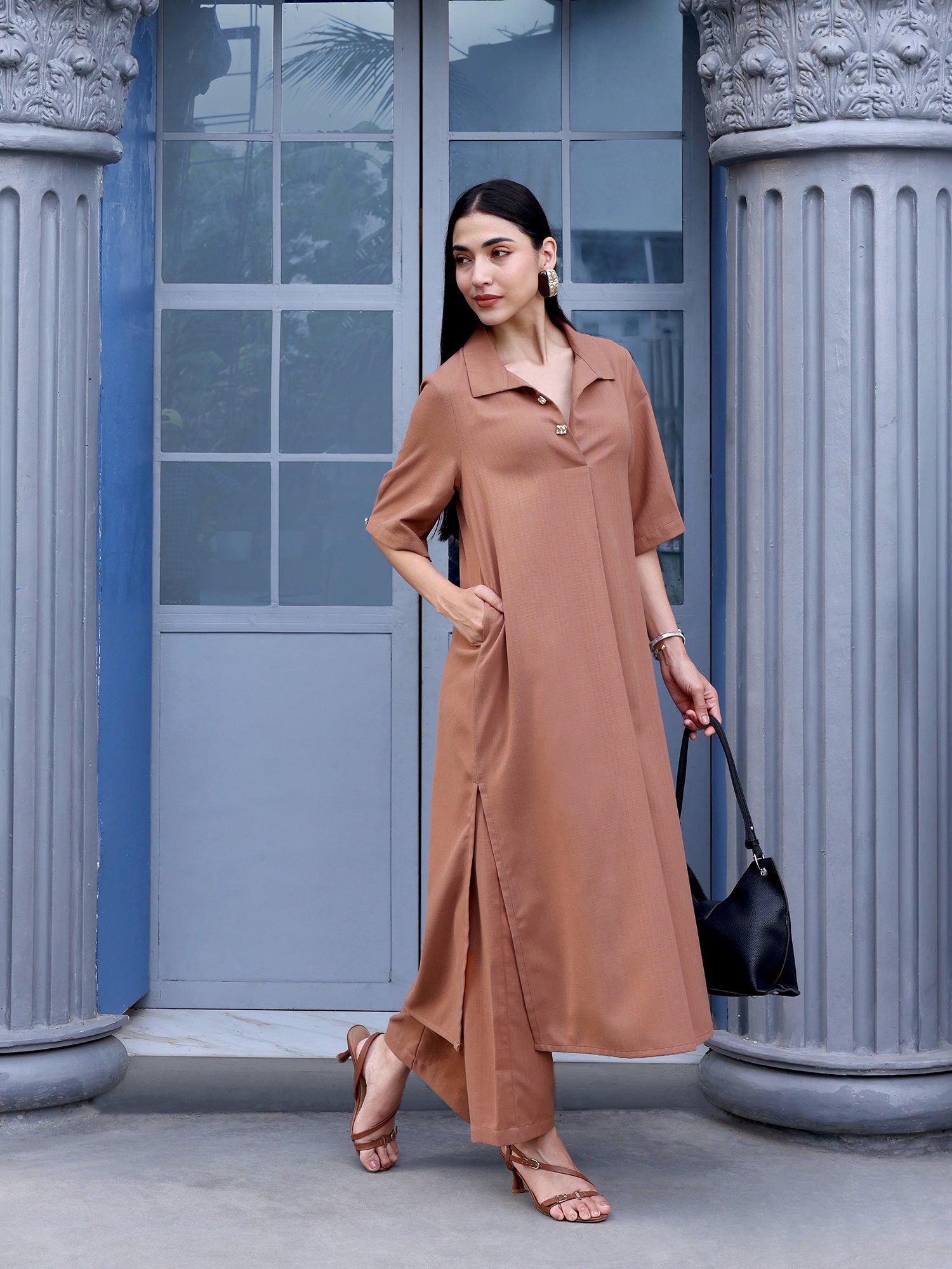 Women Brown Solid Polyblend Straight Kurta with Trouser Set