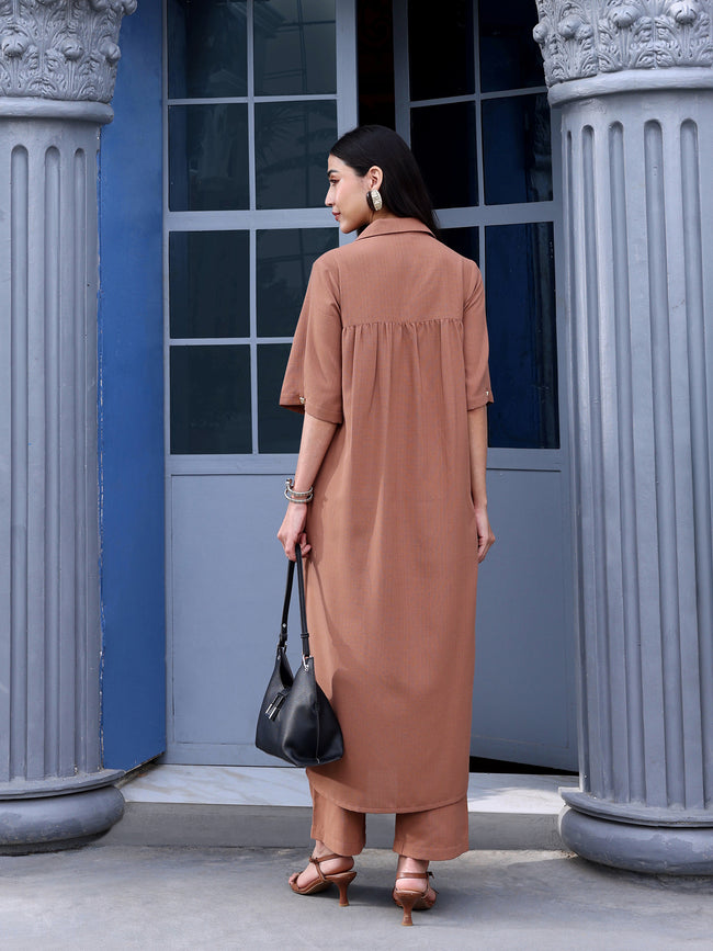 Women Brown Solid Polyblend Straight Kurta with Trouser Set