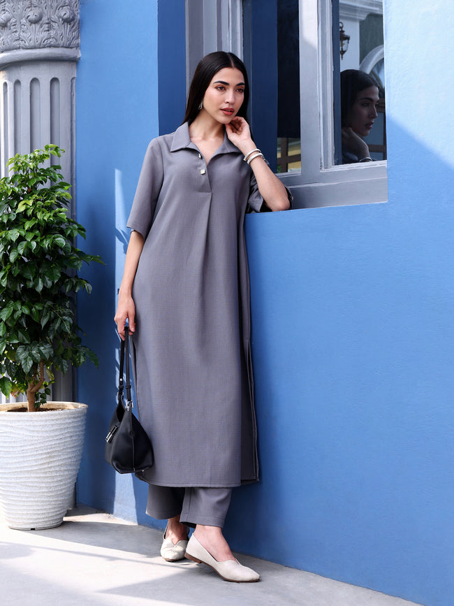 Women Grey Solid Polyblend Straight Kurta with Trousers Set