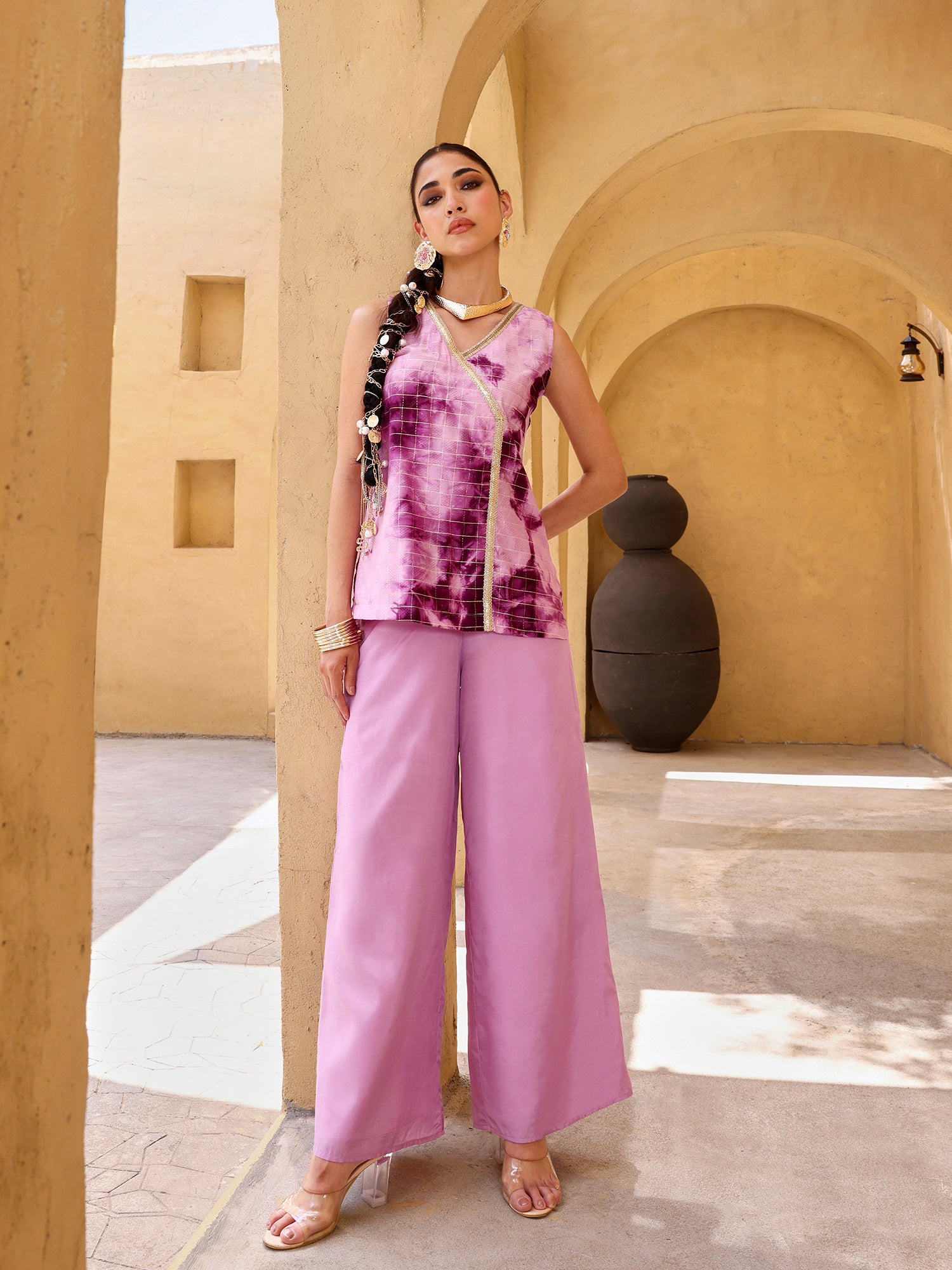 Women Purple Tie & Dye Angrakha Top and Palazzo Co-ord Set