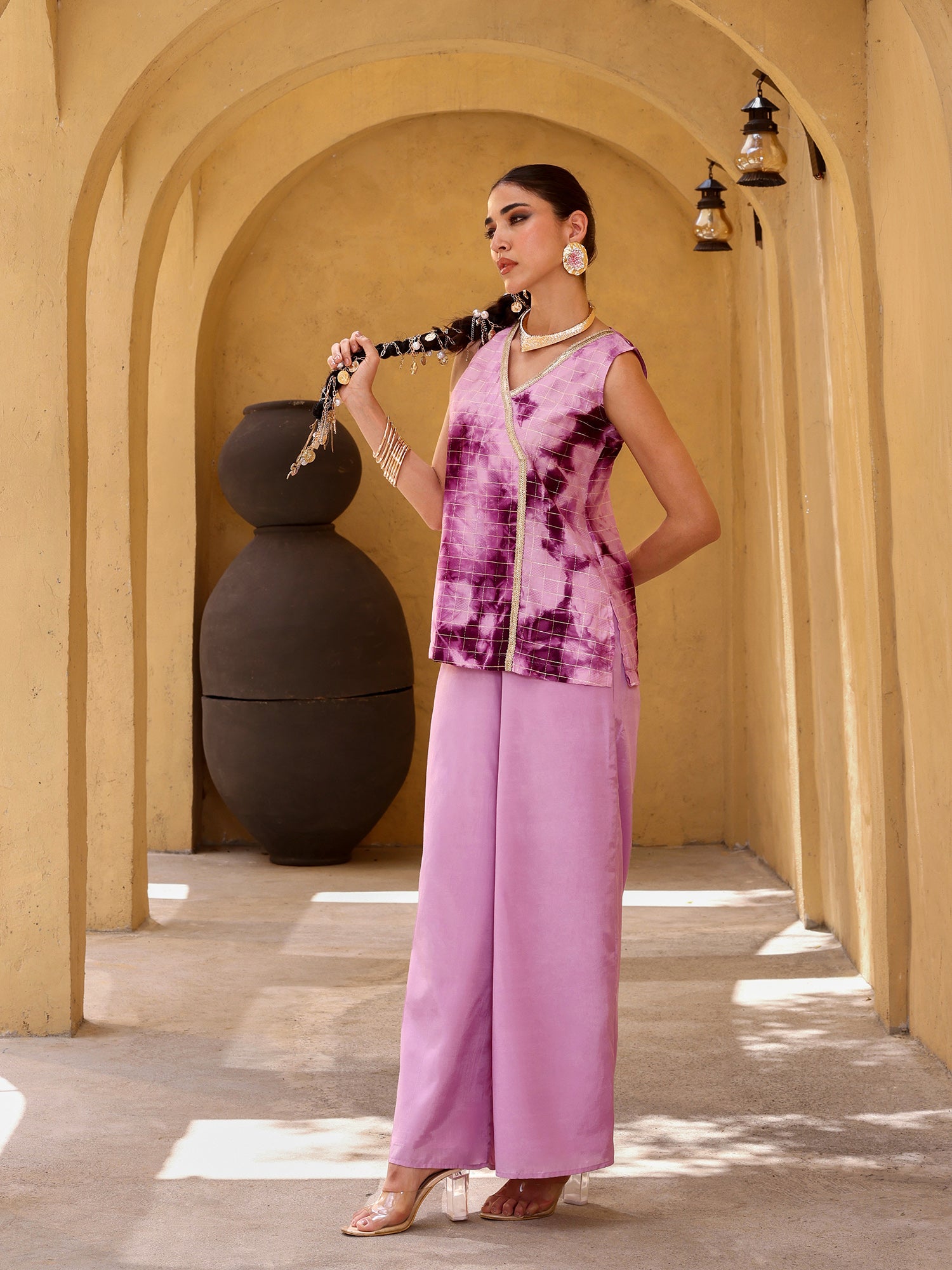 Women Purple Tie & Dye Angrakha Top and Palazzo Co-ord Set