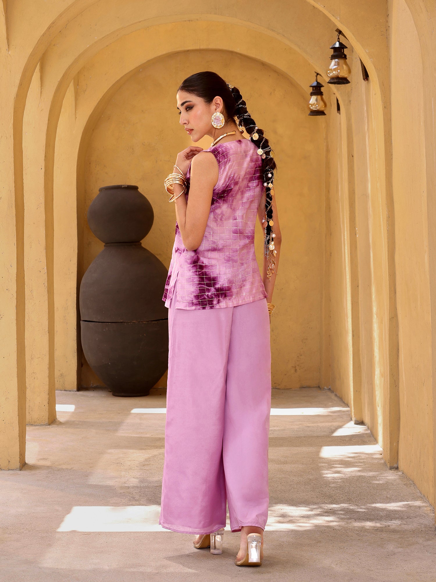 Women Purple Tie & Dye Angrakha Top and Palazzo Co-ord Set