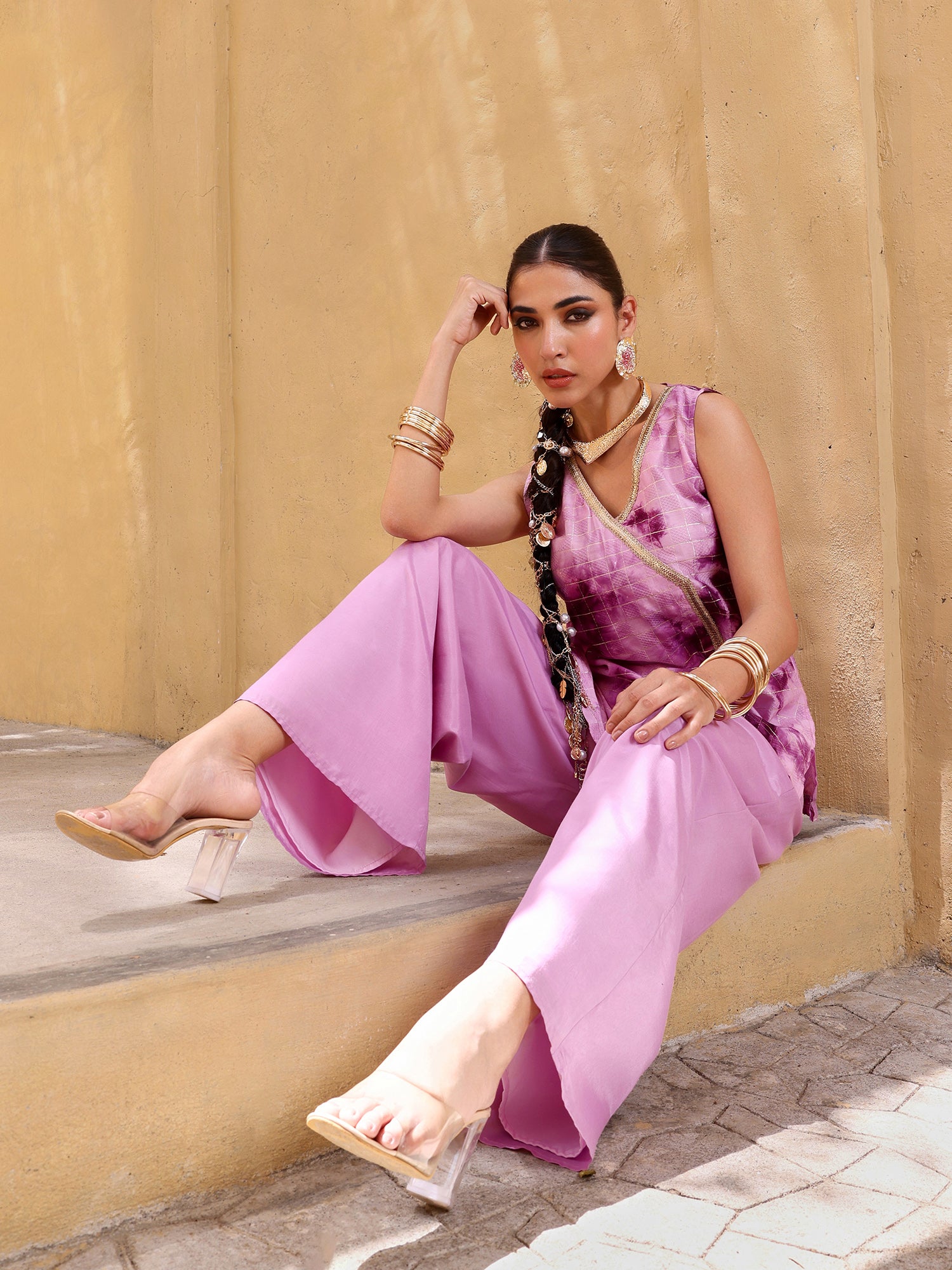 Women Purple Tie & Dye Angrakha Top and Palazzo Co-ord Set
