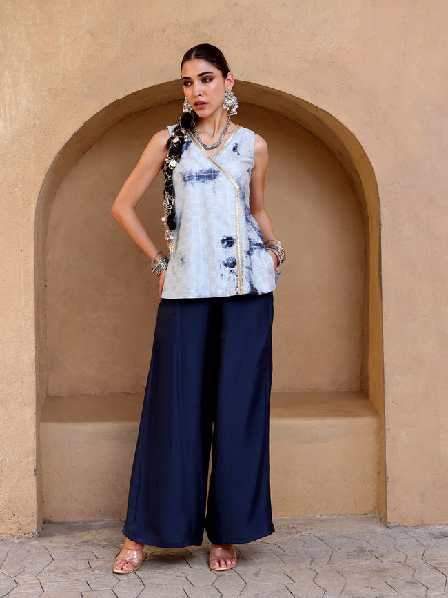 Women Light Blue Tie-Dye Sleeveless Polysilk Kurta Palazzo Set