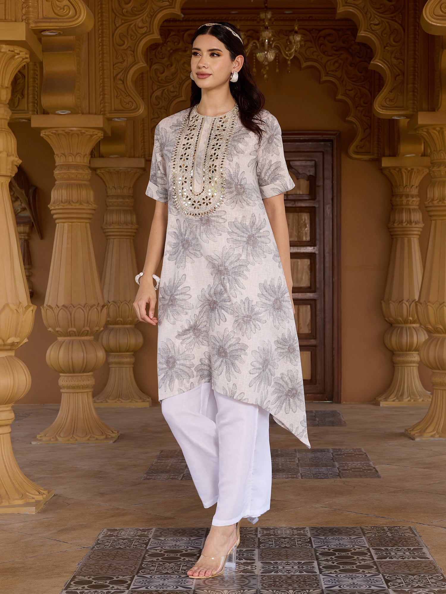 Women Off-White Floral Printed A-Line Kurta with Palazzo Set