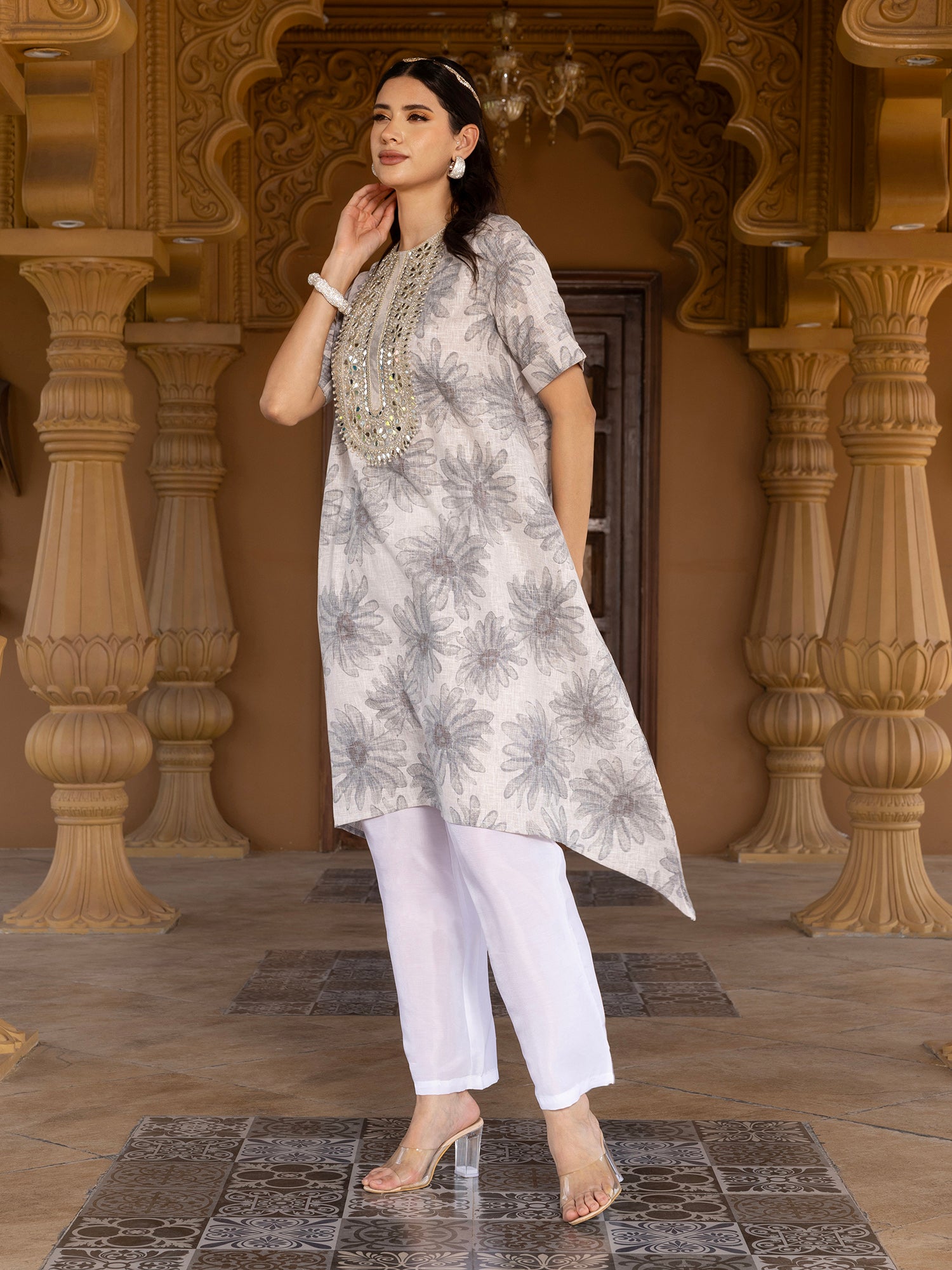 Women Off-White Floral Printed A-Line Kurta with Palazzo Set