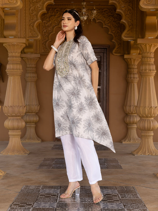 Women Off-White Floral Printed A-Line Kurta with Palazzo Set