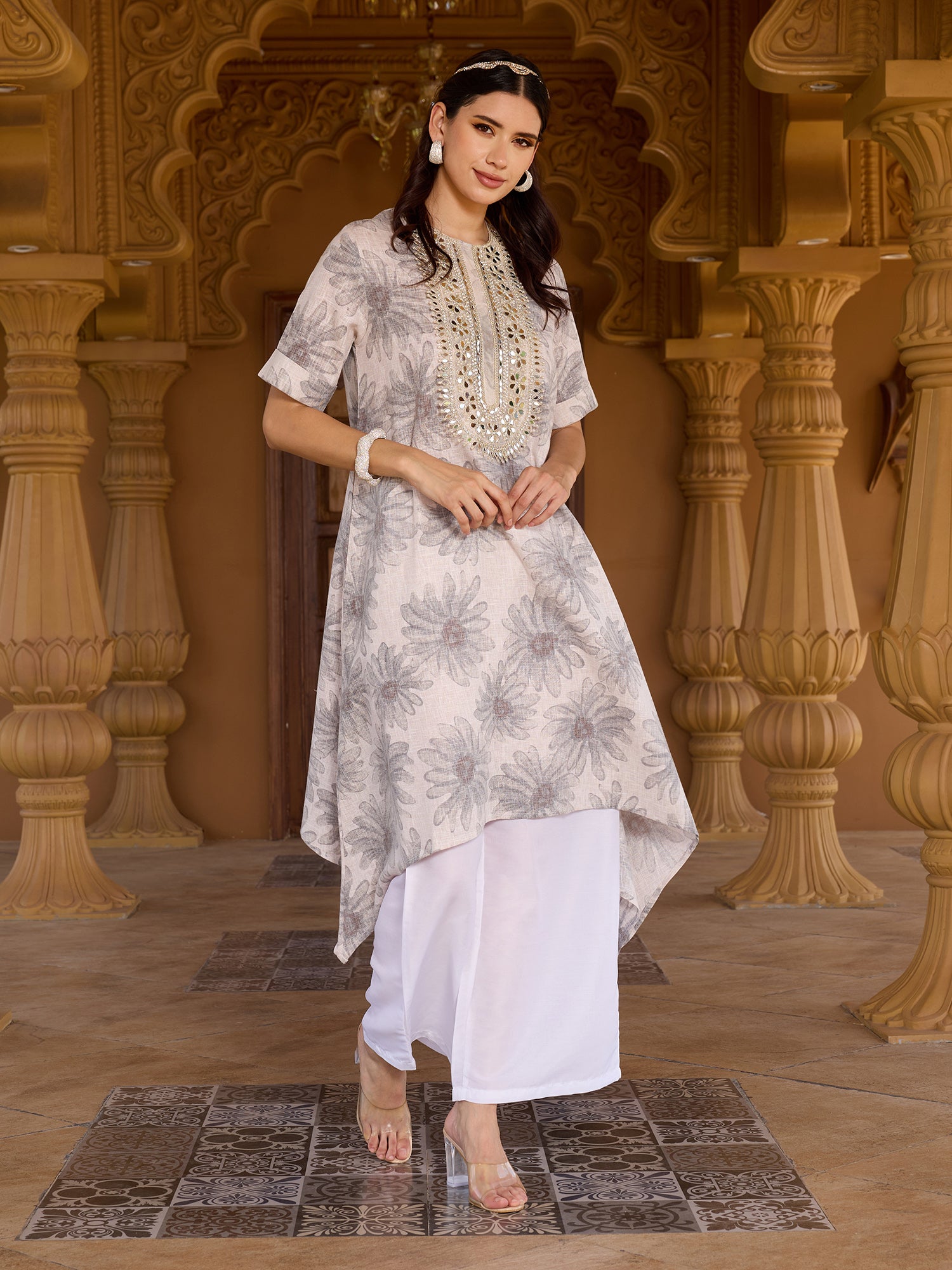 Women Off-White Floral Printed A-Line Kurta with Palazzo Set