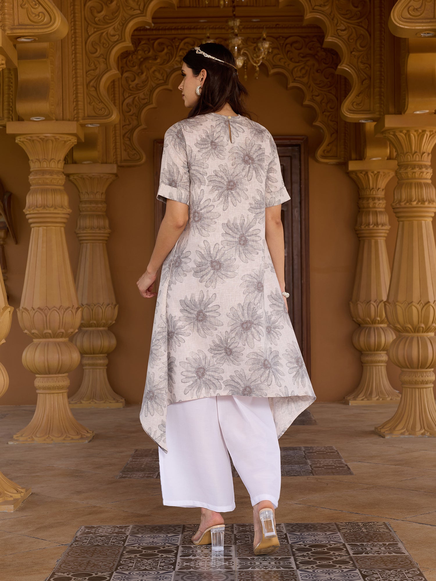 Women Off-White Floral Printed A-Line Kurta with Palazzo Set
