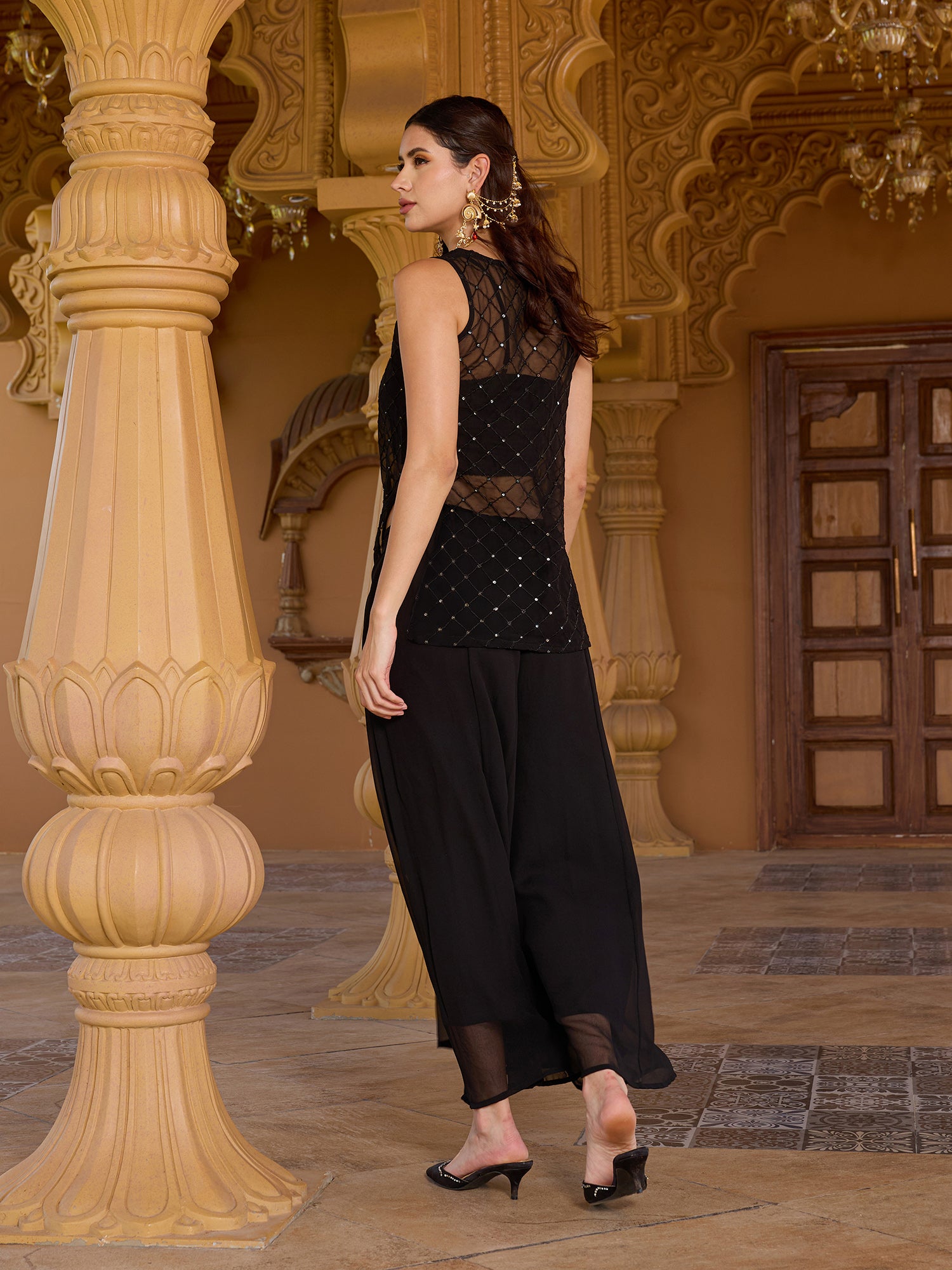 Women Black Sequined Straight Kurta Palazzo Set with Dupatta
