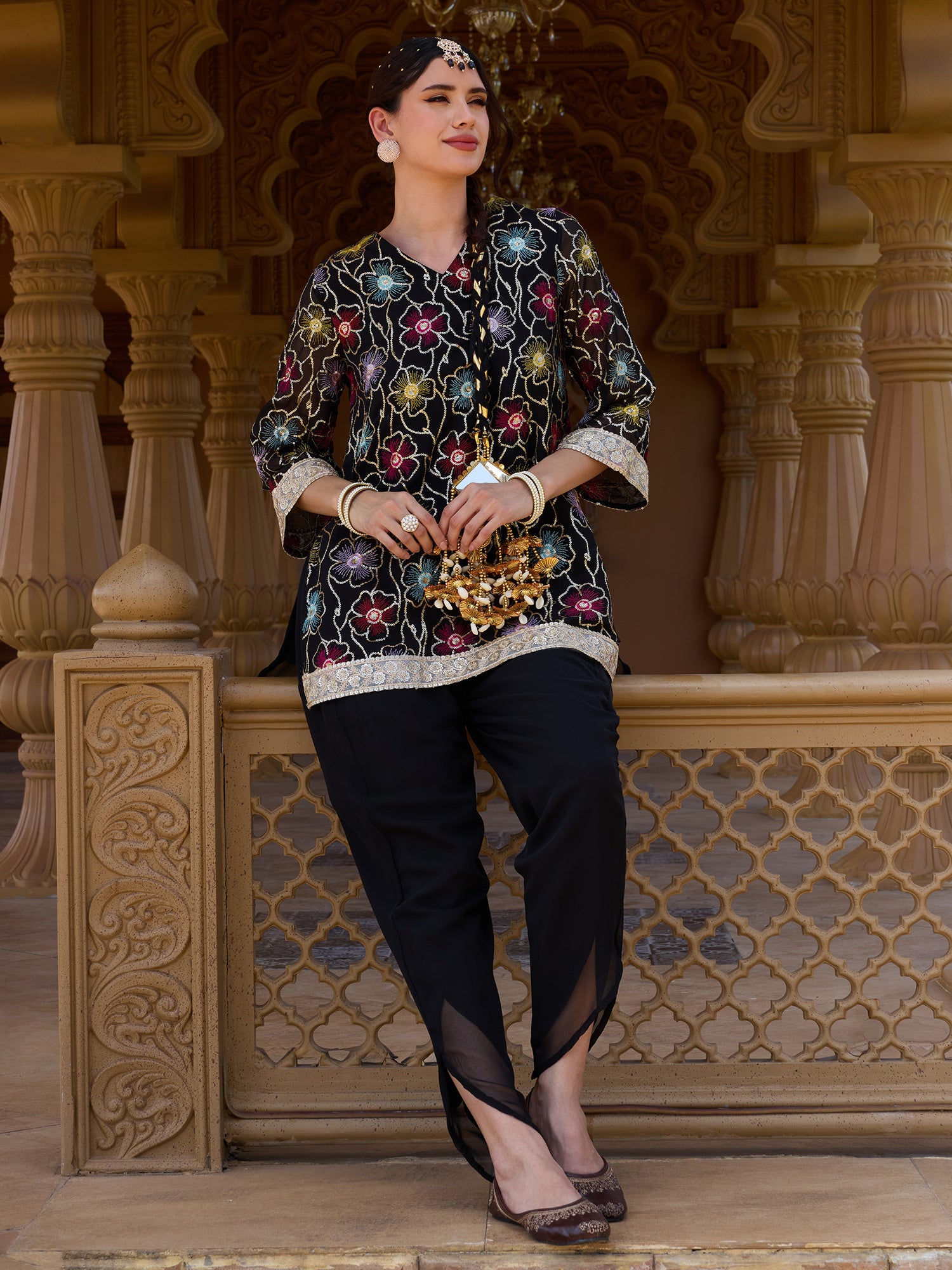 Women Black Floral Embroidered Georgette Kurta with Trousers