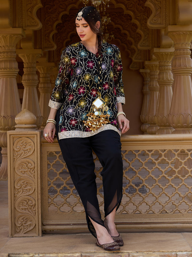 Women Black Floral Embroidered Georgette Kurta with Trousers