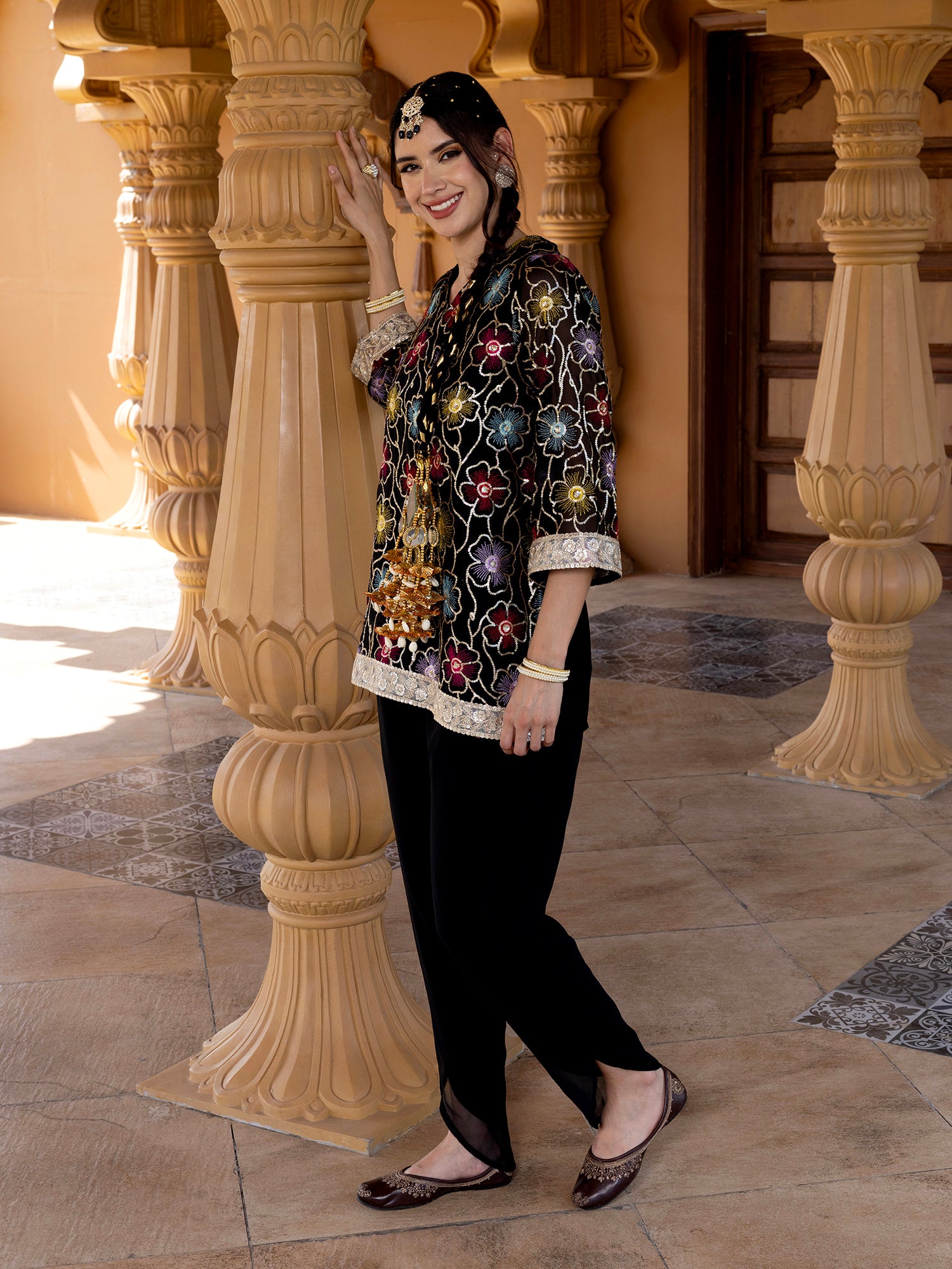 Women Black Floral Embroidered Georgette Kurta with Trousers