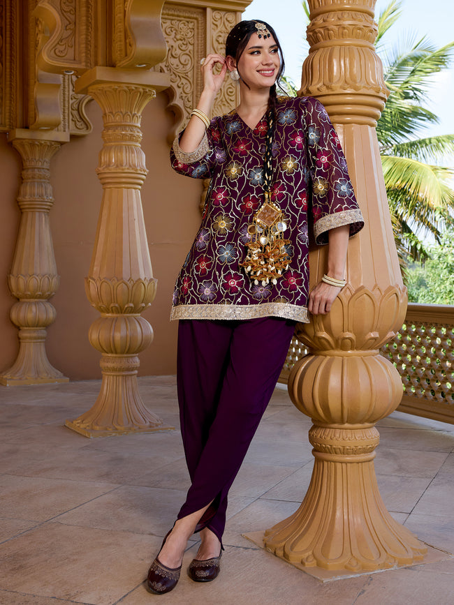 Women Purple Floral Embroidered Georgette Kurta with Trousers