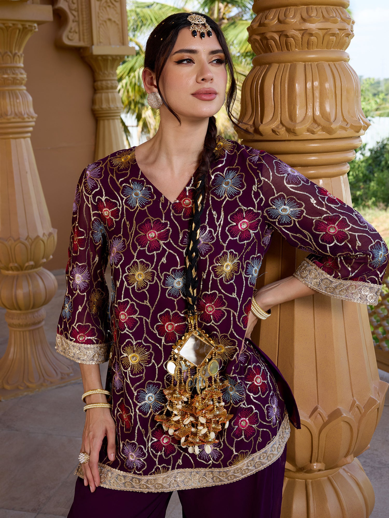 Women Purple Floral Embroidered Georgette Kurta with Trousers
