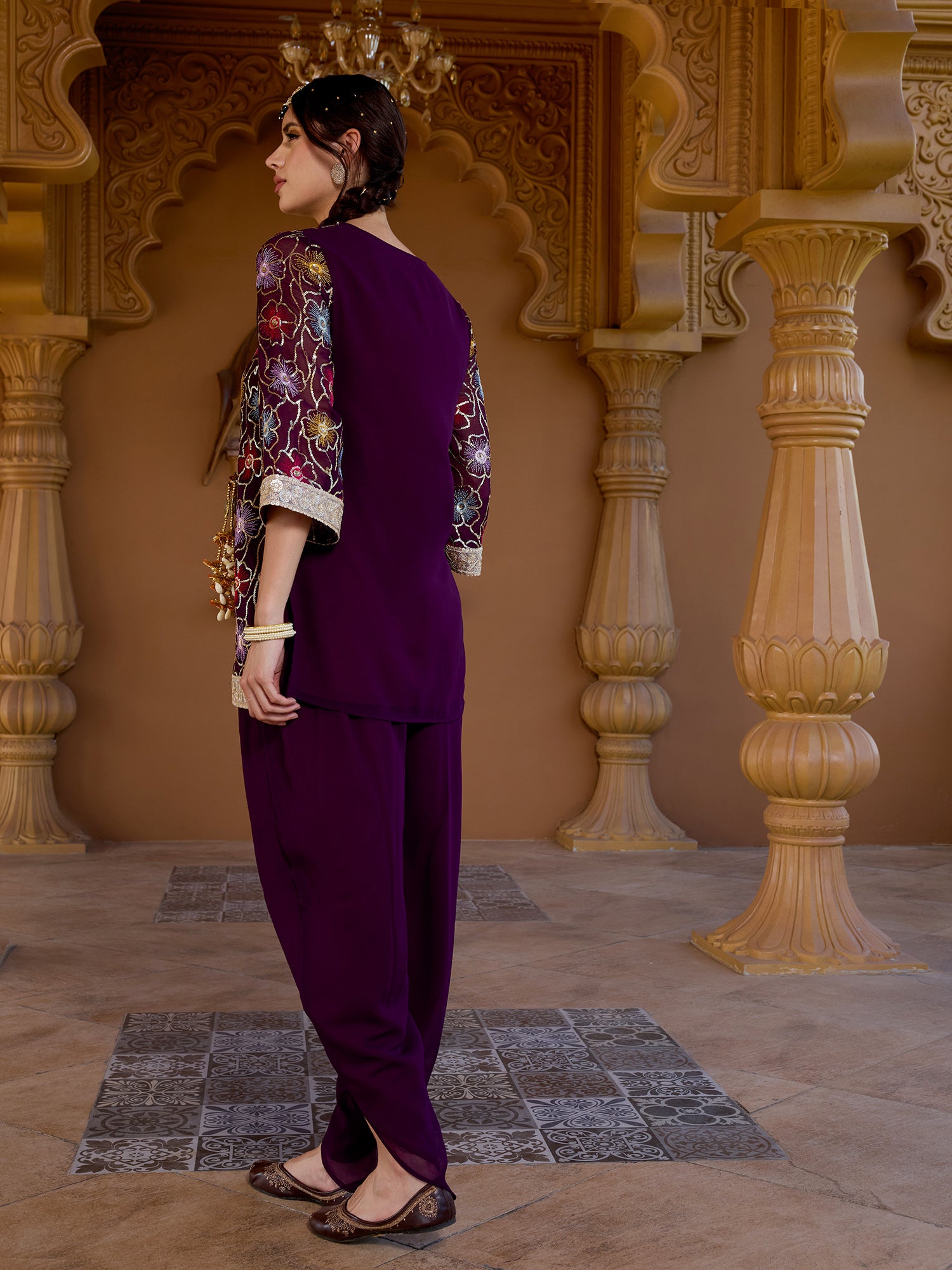Women Purple Floral Embroidered Georgette Kurta with Trousers