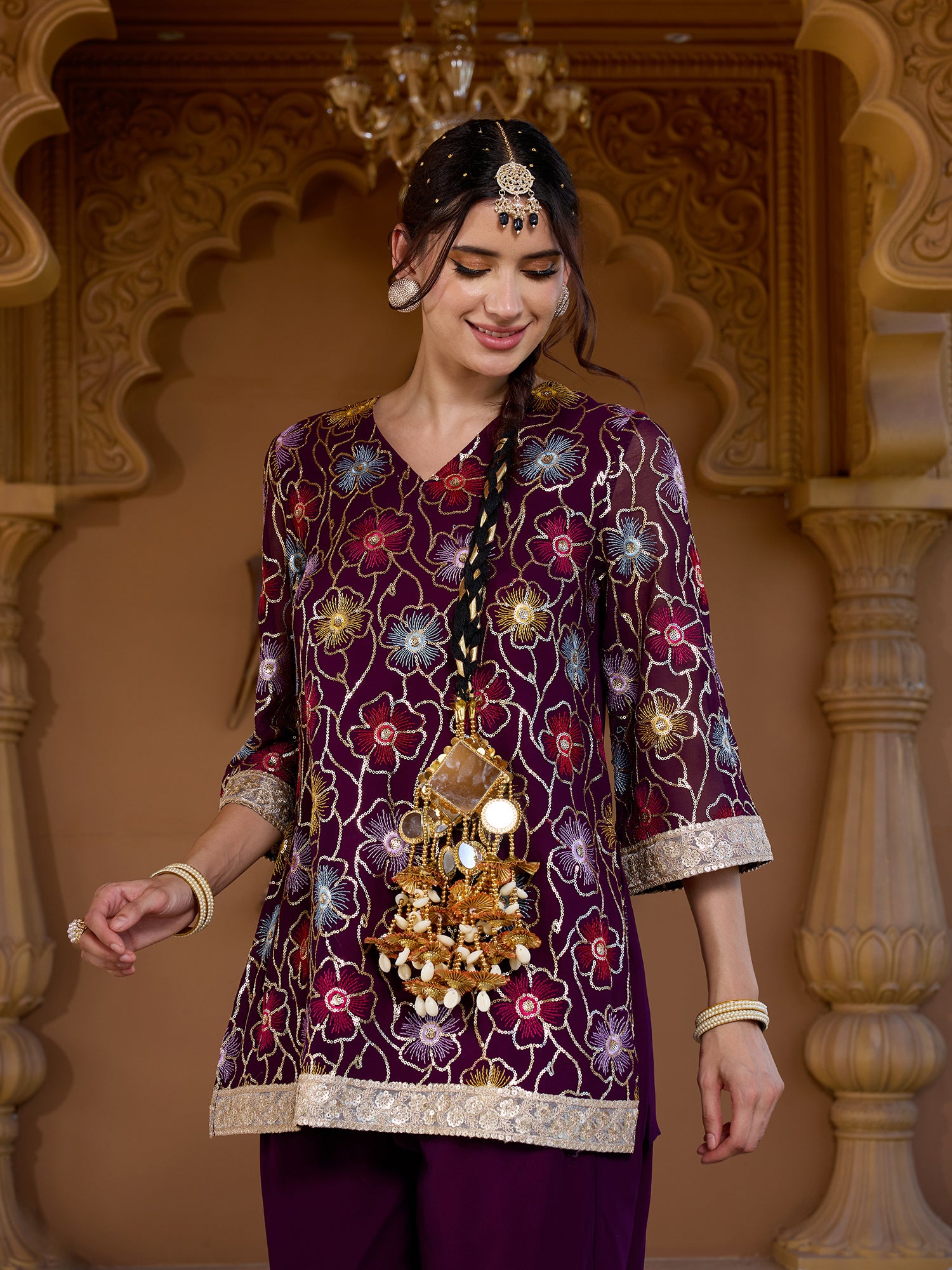 Women Purple Floral Embroidered Georgette Kurta with Trousers