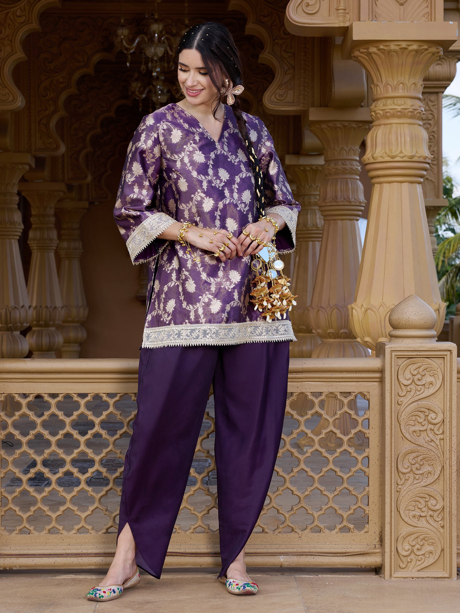 Women Purple Brocade Ethnic Motif Kurta with Salwar Set