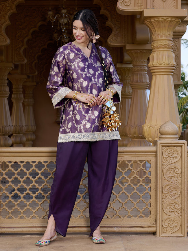Women Purple Brocade Ethnic Motif Kurta with Salwar Set