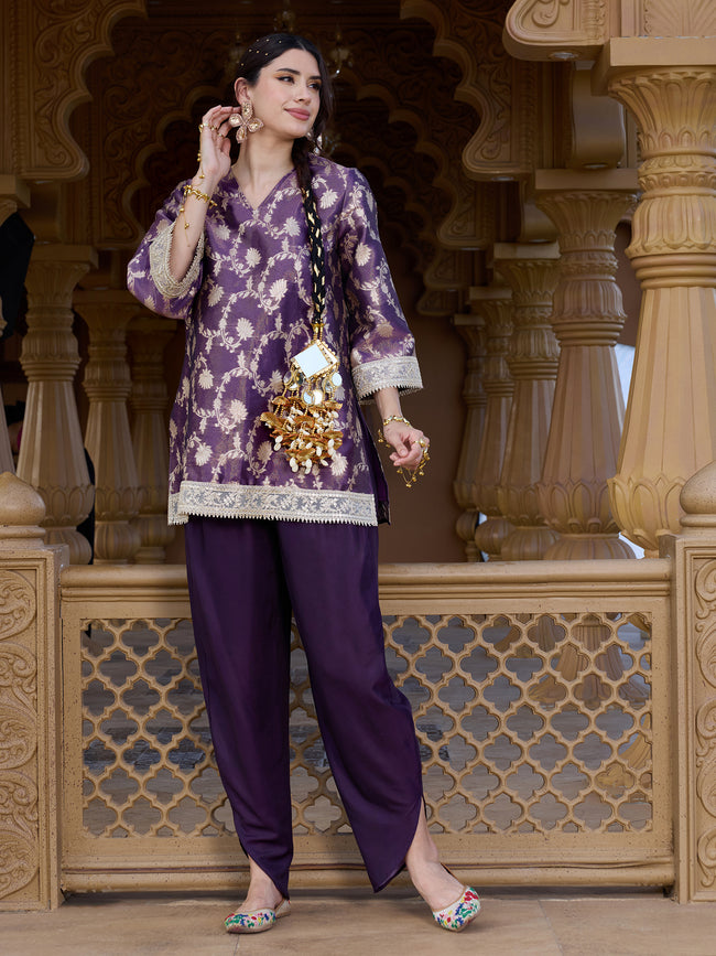Women Purple Brocade Ethnic Motif Kurta with Salwar Set
