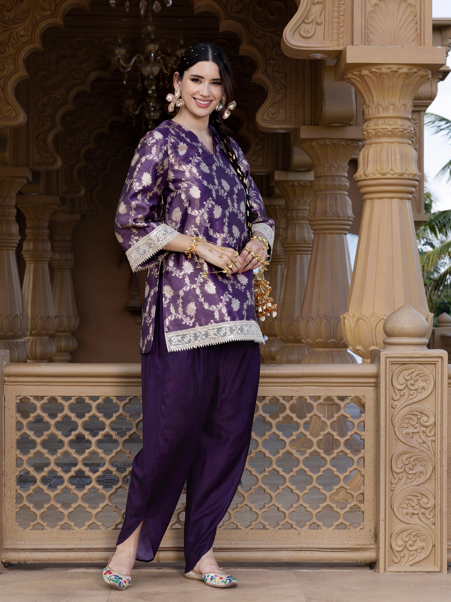 Women Purple Brocade Ethnic Motif Kurta with Salwar Set