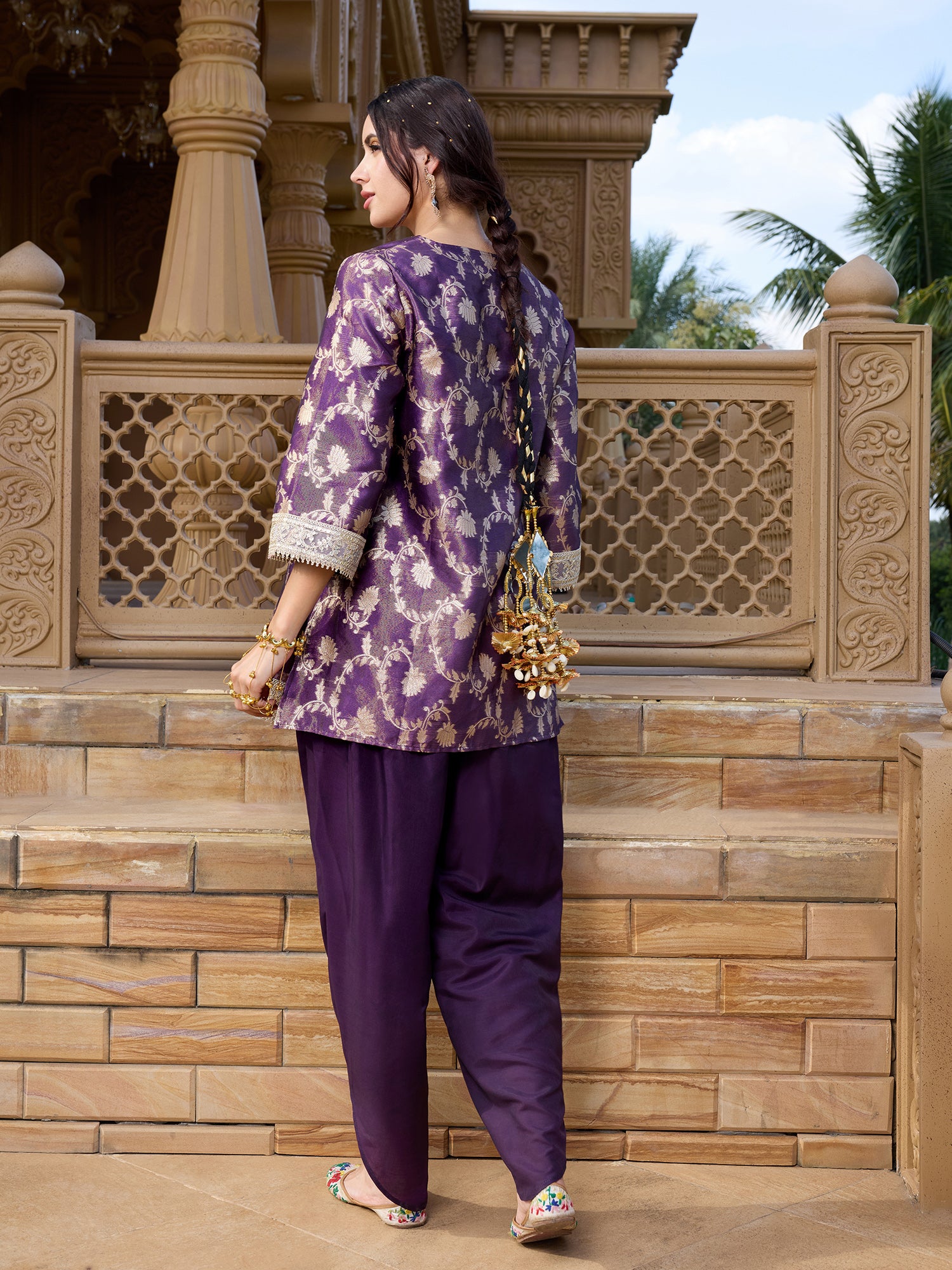 Women Purple Brocade Ethnic Motif Kurta with Salwar Set