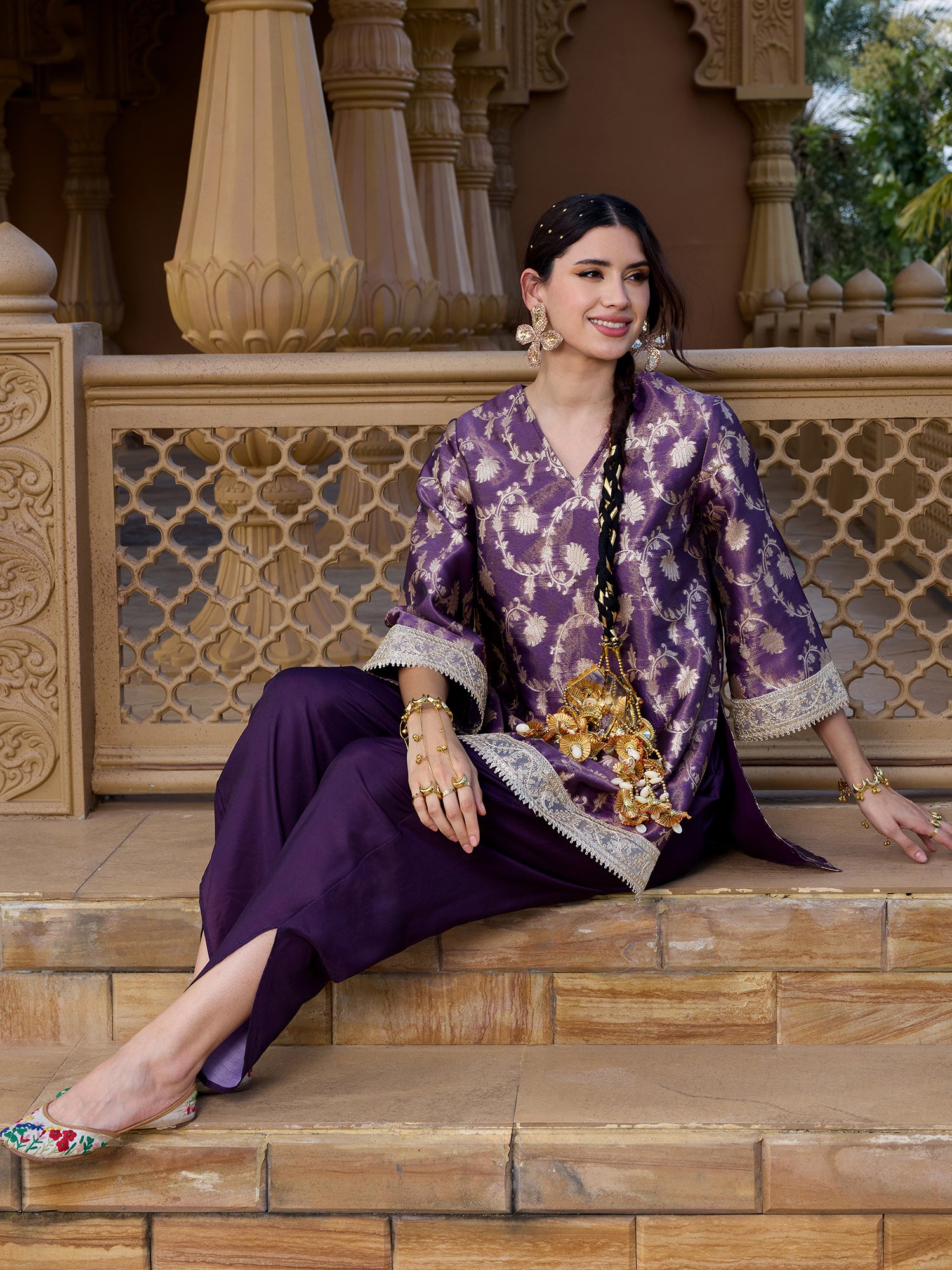 Women Purple Brocade Ethnic Motif Kurta with Salwar Set