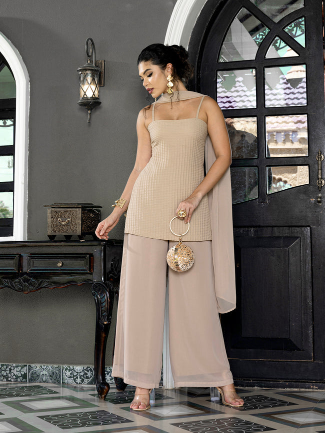Women Beige Textured Straight Kurta with Palazzo & Dupatta Set