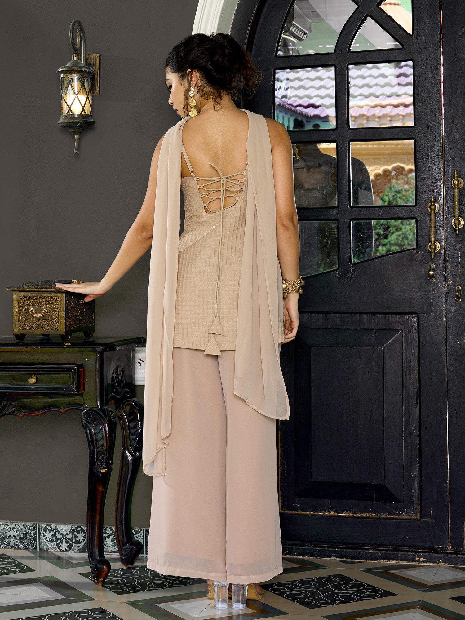 Women Beige Textured Straight Kurta with Palazzo & Dupatta Set