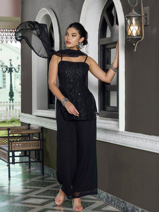 Women Black Floral Embellished Kurta Palazzo Set with Dupatta