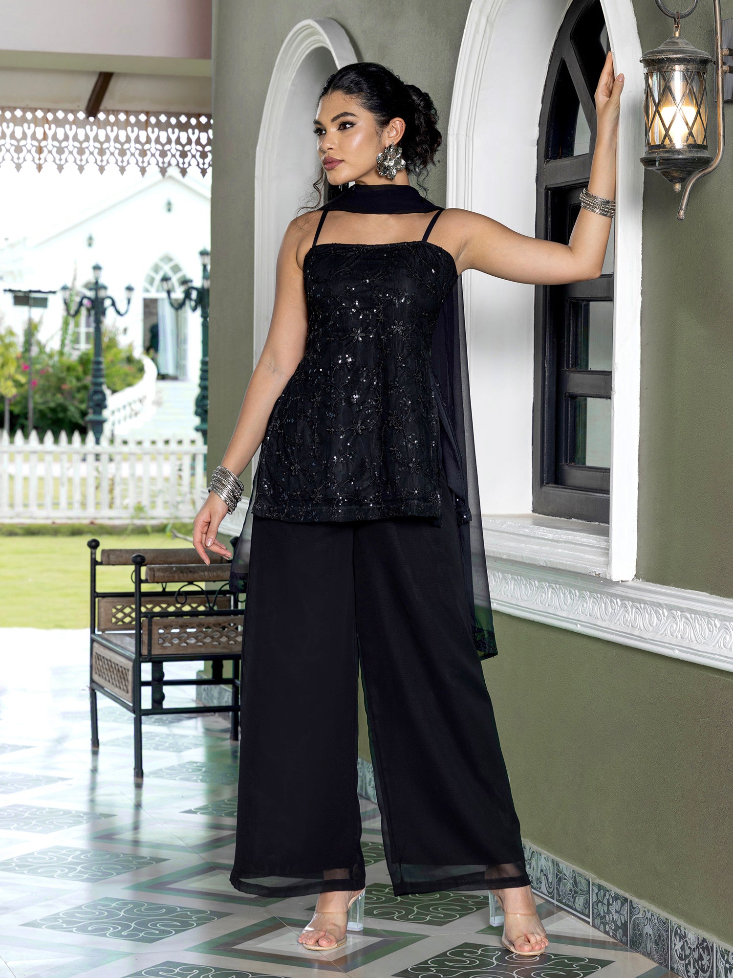 Women Black Floral Embellished Kurta Palazzo Set with Dupatta