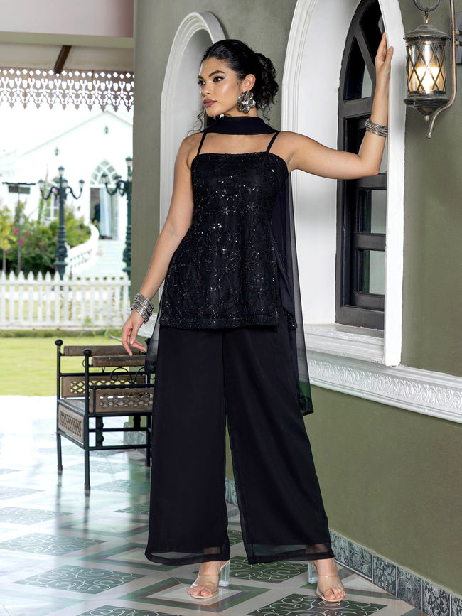 Women Black Floral Embellished Kurta Palazzo Set with Dupatta