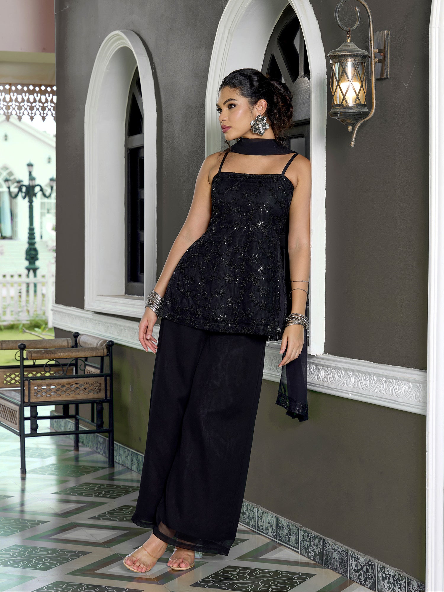 Women Black Floral Embellished Kurta Palazzo Set with Dupatta