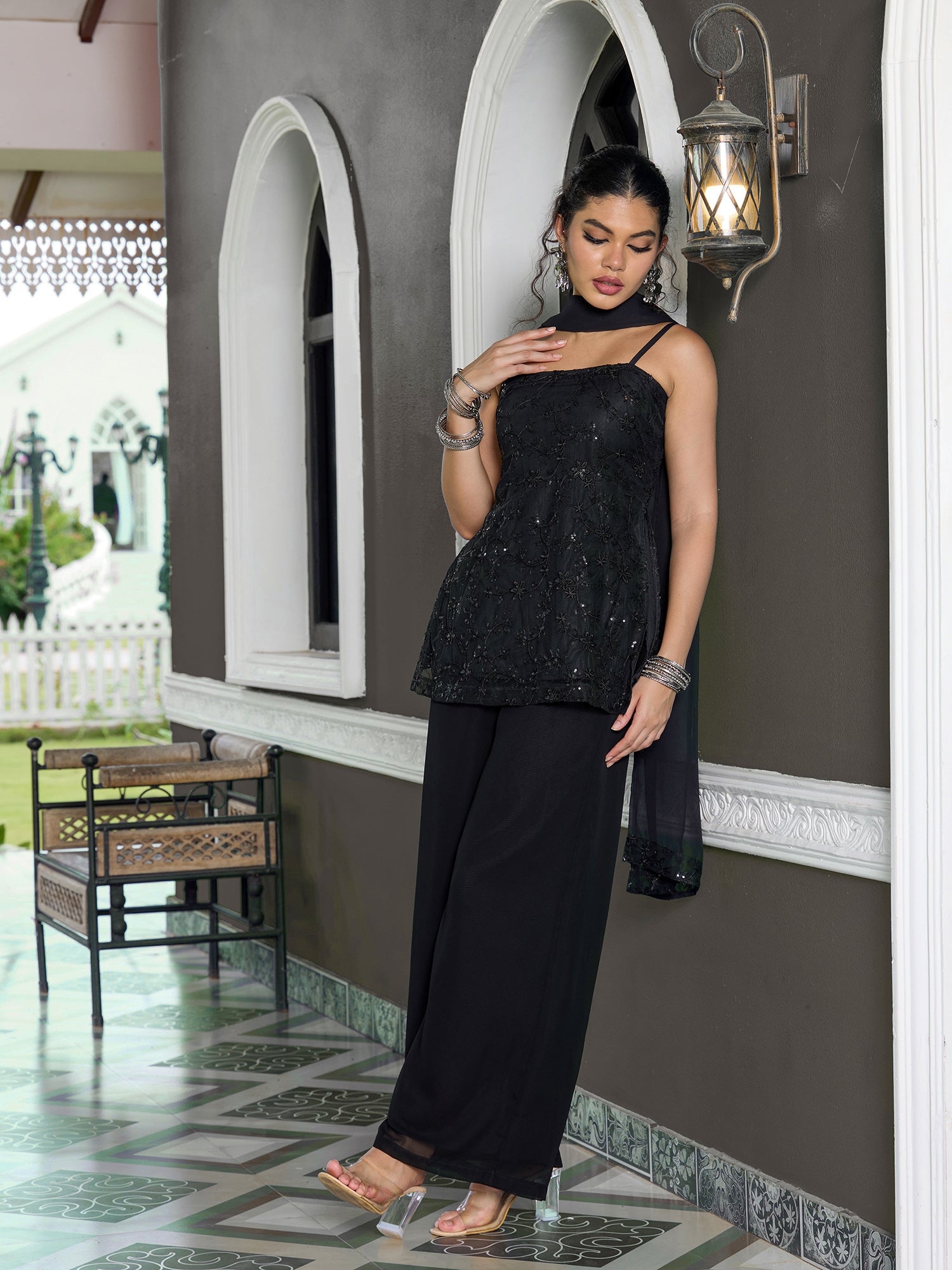 Women Black Floral Embellished Kurta Palazzo Set with Dupatta