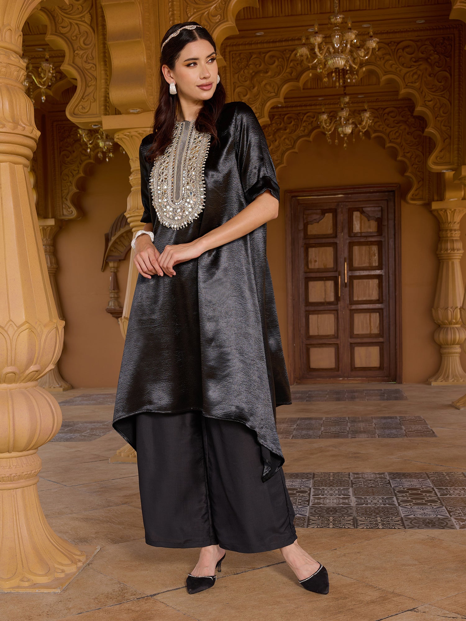 Women Black Embroidered Satin Asymmetric Kurta with Trousers