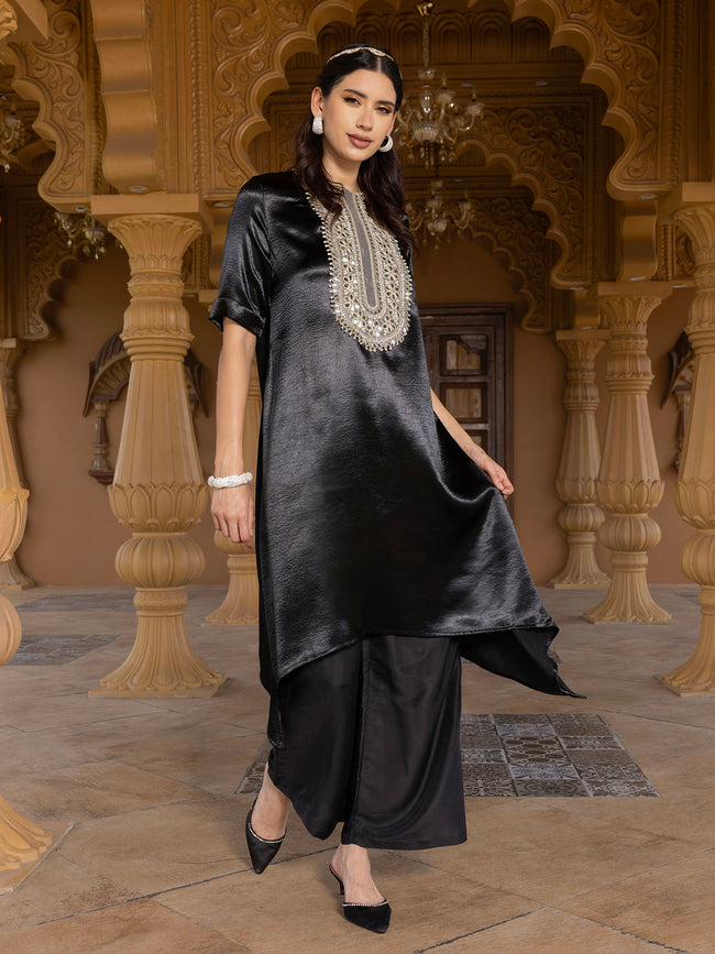 Women Black Embroidered Satin Asymmetric Kurta with Trousers