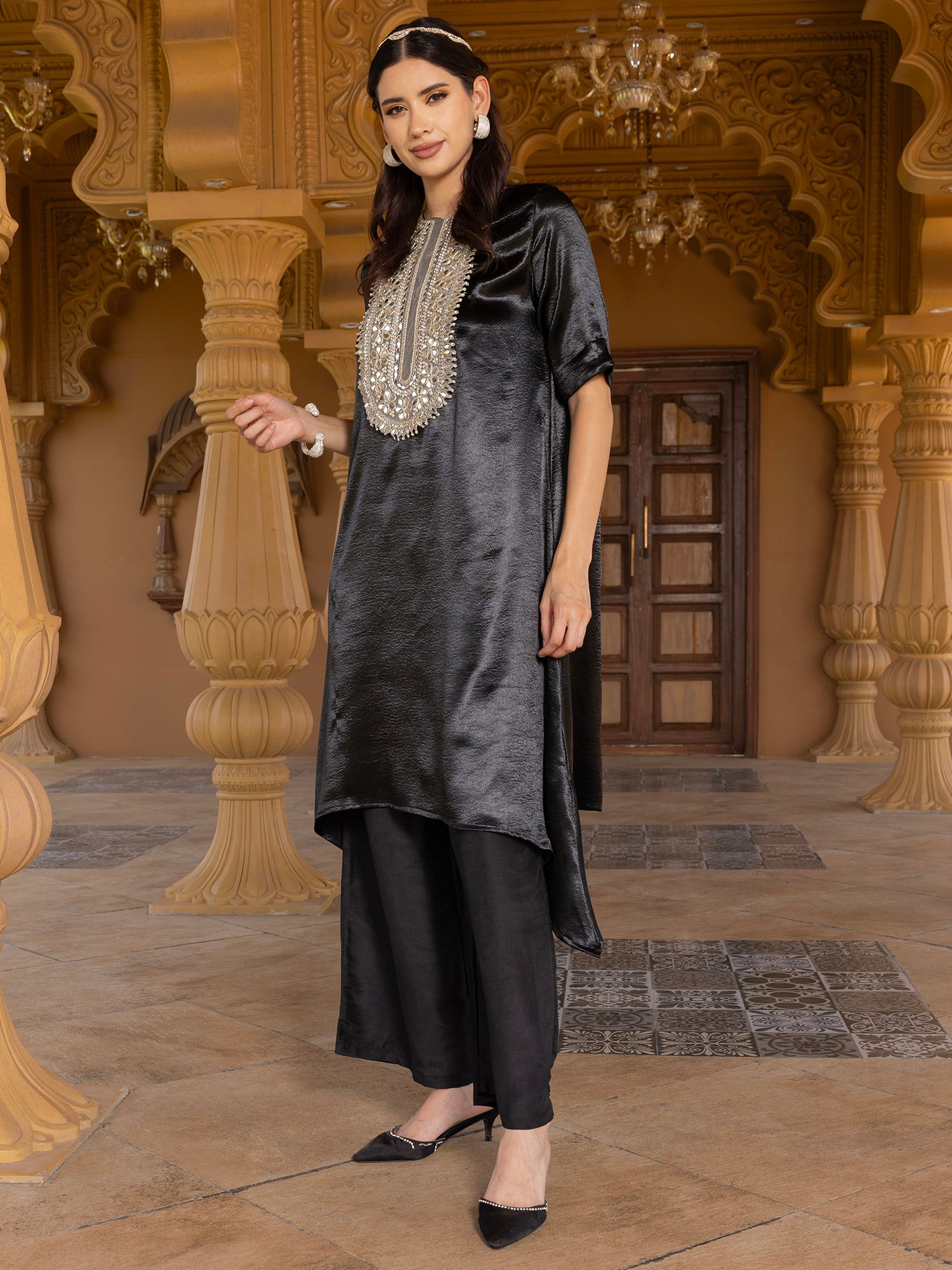 Women Black Embroidered Satin Asymmetric Kurta with Trousers