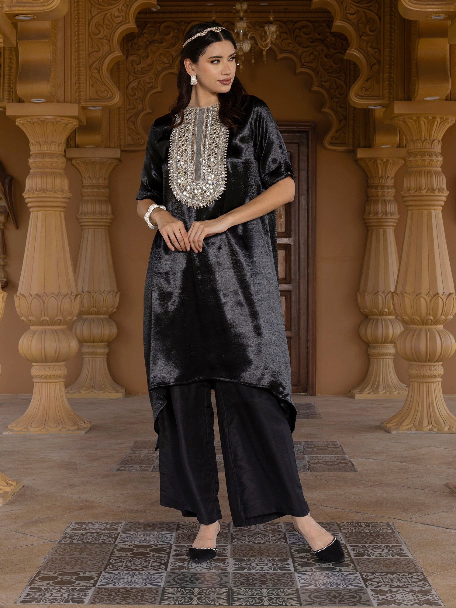Women Black Embroidered Satin Asymmetric Kurta with Trousers