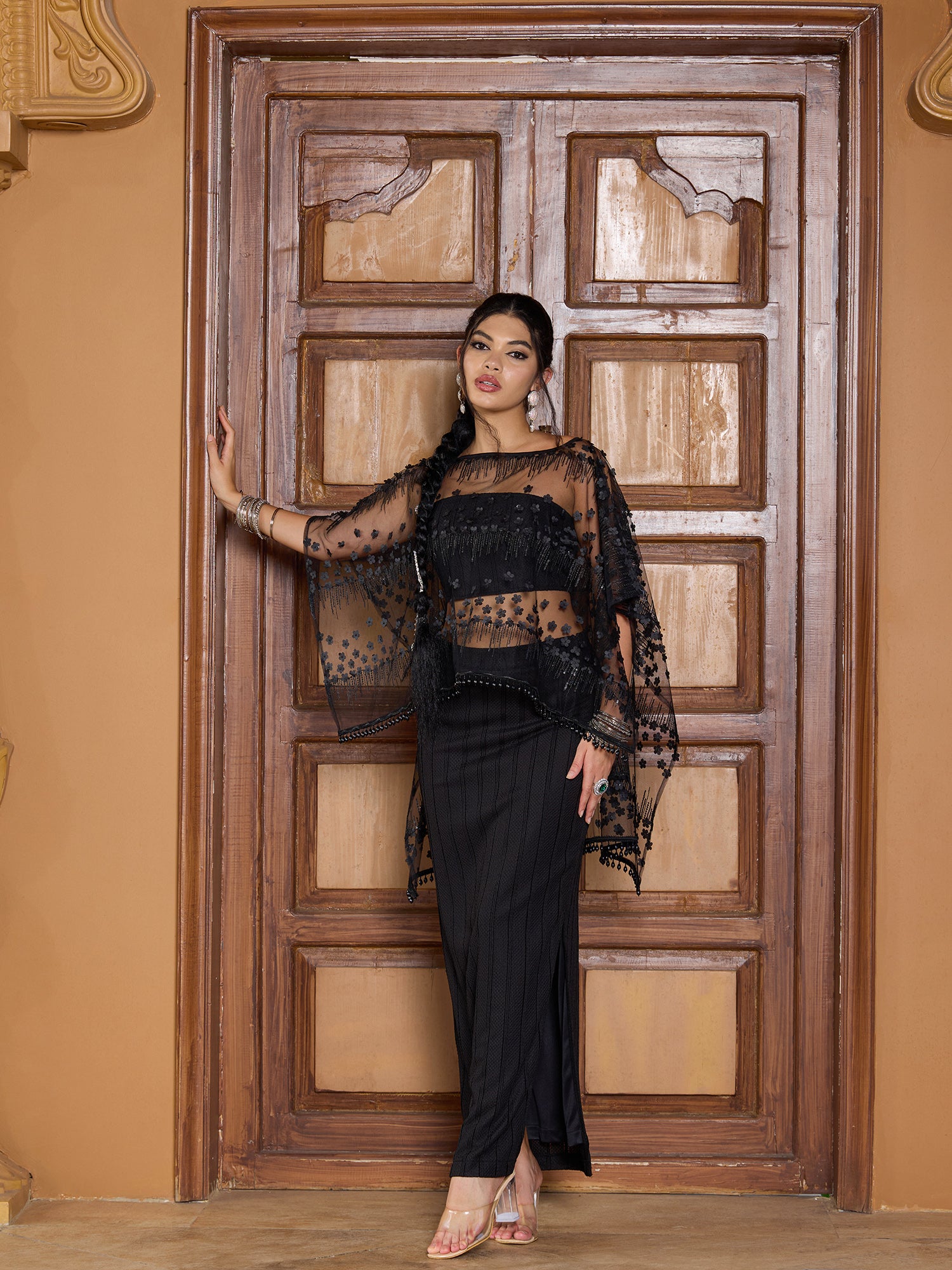 Women Black Sheer Embroidered Kurta with Trousers & Dupatta Set